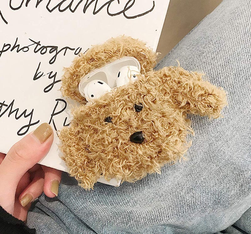 SGVAHY Furry Case for AirPods 1&2 Funny Cute 3D Cartoon Plush Design Teddy Khaki Soft Warm Fluffy Cover with Keychain Kawaii Anti-Fall Protective Case Women Girls - Image 5